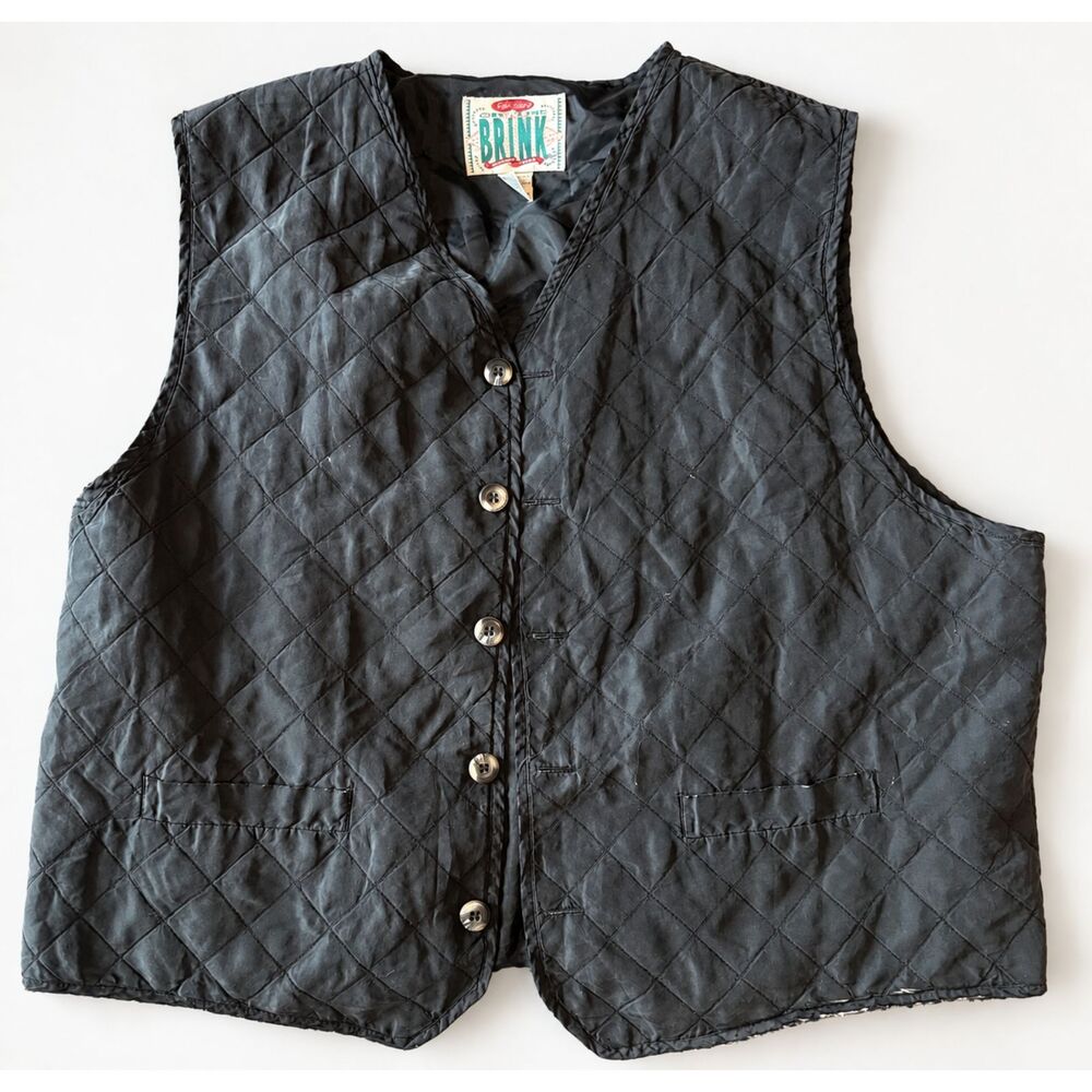 Vintage On The Brink Silk Quilted Vest XL Black 90s Button Grandpacore